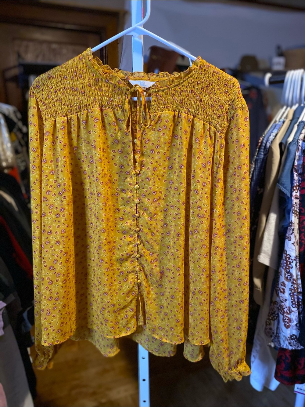 Time and Tru Mustard Floral Smocked Yoke Button-Front Blouse